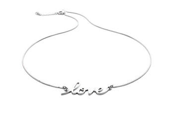 Elegant silver love word necklace isolated on transparent background for jewelry, branding, web, and design