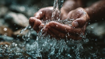 Fototapeta premium Pure Fresh Spring Water Concept Featuring Hands Washing in Clear Cold River Stream Symbolizing Hygiene and Health