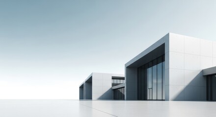 Fototapeta premium Two modern, minimalist buildings with glass windows and concrete exteriors. The architectural style is sleek and contemporary.