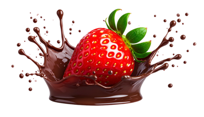 A ripe strawberry is caught in a splash of rich, dark chocolate, isolated on black