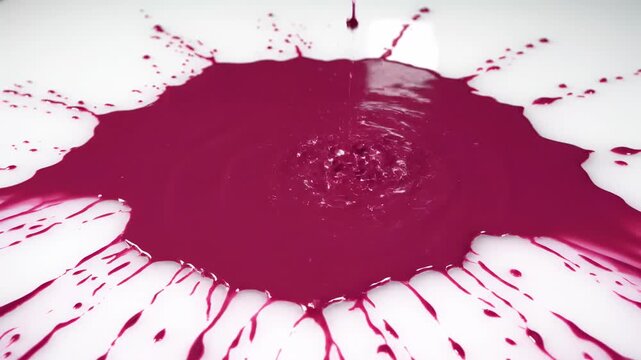 Viscous magenta liquid flowing across a smooth white surface, demonstrating asymmetrical splattering and uneven dispersal in slow motion slowmotion, splatter, organic