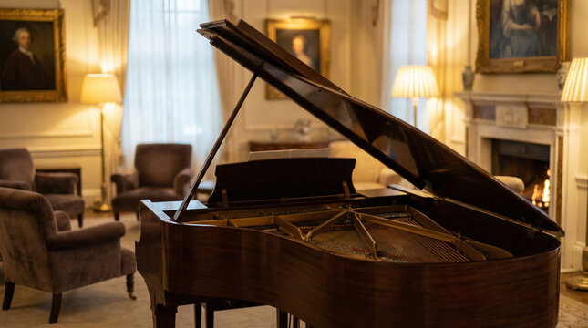 chord. An elegant grand piano with its lid open in a softly lit, refined interior setting. tutorial guides, club newsletters, designed for sports & leisure club marketing, used by project managers.