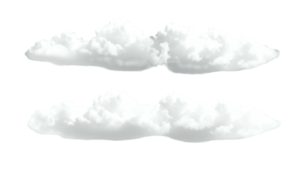 Two fluffy, white, realistic cloud formations floating against a transparent background