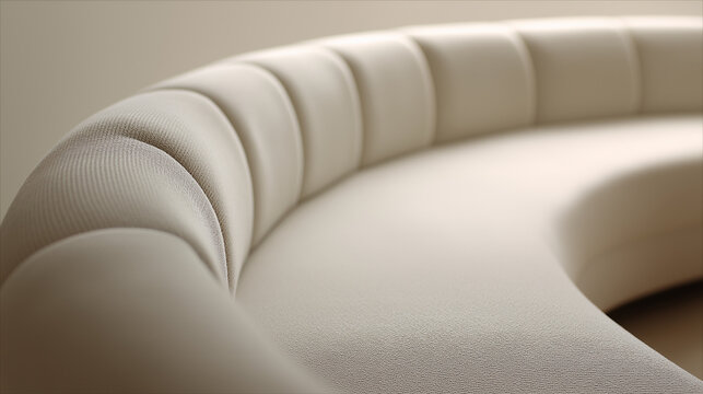 contrapositive. A minimalist, flowing arc of upholstered seating on a blurred neutral background. real-estate listings.