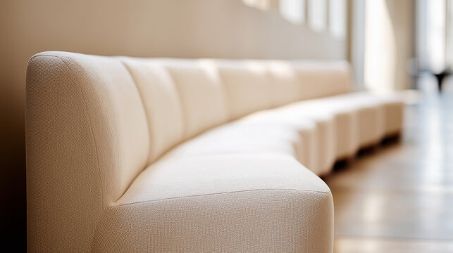 contrapositive. A minimalist, flowing arc of upholstered seating on a blurred neutral background. real-estate listings.