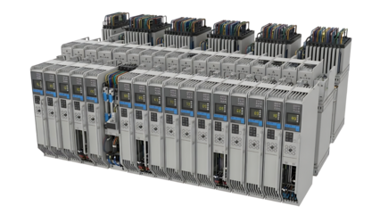 Advanced industrial automation control modules and electronic components arranged in a structured system for efficient manufacturing and process management