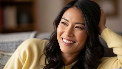Smiling woman in yellow sweater relaxing at home