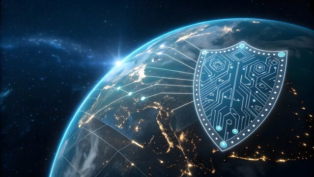 Worldwide network security concept with a digital shield over the earth, representing global data protection and cybersecurity in a connected world - Powered by Adobe