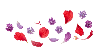 A collection of flower petals and blooms arranged on a white background