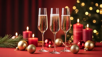 Three Glasses of Sparkling Champagne on Red Table with Lit Candles Ornaments and Christmas Tree Bokeh Background