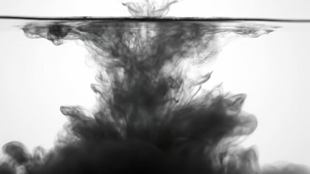 Vivid black liquid ink dropping into clear water then spreading and thinning until it completely loses all opacity against a bright white background background, bright white background, detail