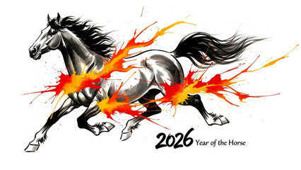 Powerful galloping horse illustration bursting with fiery energy for the 2026 year of the horse