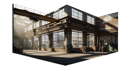 Sunlit interior of an old industrial building with large windows and an overhead crane, showcasing historical architecture and atmospheric light