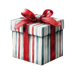 A square gift box, striped in pale blue, light beige, and red, is tied with a crimson ribbon bow