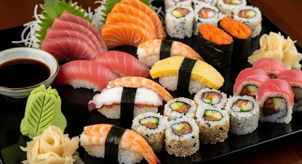 Delicious assortment of fresh sushi and sashimi on a dark plate