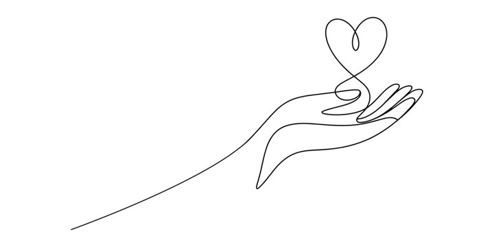 Hands holding heart continuous one line art drawing. Charity donation linear symbol.one line icon with with white background, Continuous line drawing of a hand gently holding a heart. One line drawing