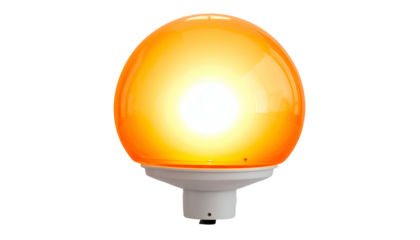 A bright, glowing orange globe lamp with a white base, centered on a black background