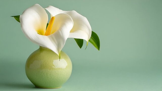 Elegant White Lily Flower in Soft Green Vase on Minimalist Background with Smooth Textures
