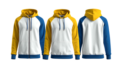 A hooded sweatshirt mockup, front, side and back views, with a color-blocked design
