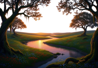 Enchanted forest stream at sunset isolated on transparent background for fantasy, nature, and storytelling projects