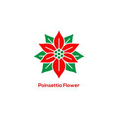 Red and green poinsettia flower icon, festive Christmas floral symbol vector illustration isolated on white background for holiday design

