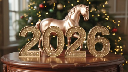 Happy New Year 2026 Glittering Gold Numbers with Copper Horse Statue and Decorated Christmas Tree Bokeh Background