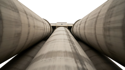 Striking low-angle perspective of massive concrete industrial structures, showcasing modern architectural design and robust engineering scale