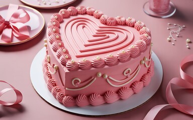 Pink heart shaped cake on pink table with decorations around