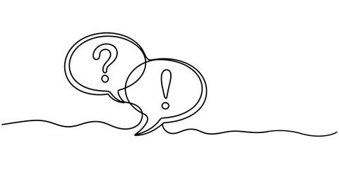 Speech bubbles with question and exclamation mark continuous one line drawing. Dialogue sign. Chat linear symbol. Vector illustration isolated on white. © Creative Tania