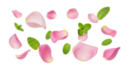 Soft rose petals and leaves gently floating in the air against a white background