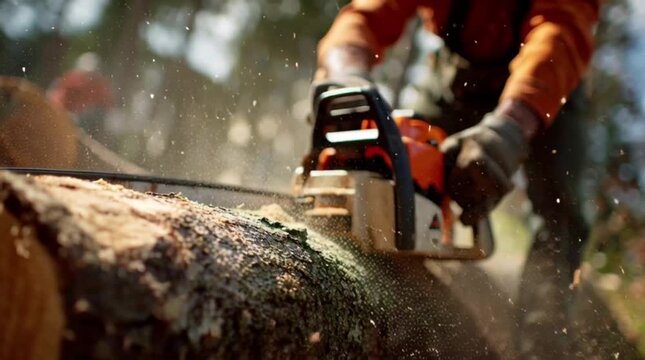 Man cutting down tree with chainsaw in forest
