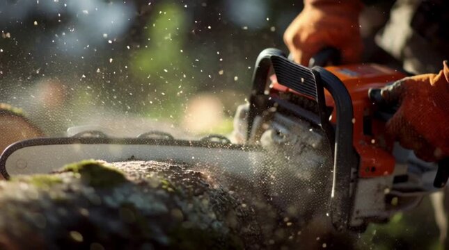 Man cutting down tree with chainsaw in forest
