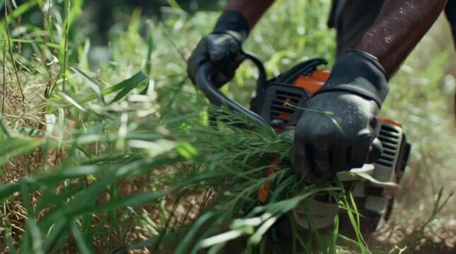 Chainsaw to cut through dense green foliage outdoors