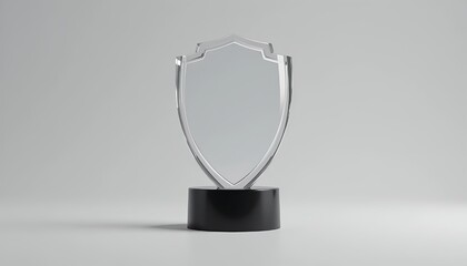 Elegant shield-shaped transparent award model with simple black pedestal, minimal trophy mockup isolated on plain white background