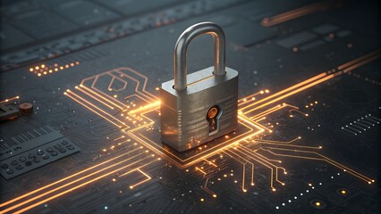 A closeup of a padlock resting on a circuit board, illuminated with golden light, symbolizing digital security and protection of electronic data