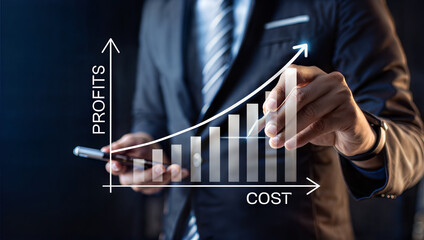 Businessman analyzing a digital profit and cost graph for strategic business growth
