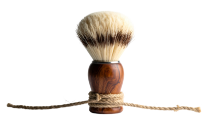 Shaving brush with dark wood handle, light bristles, and rope, centered on black