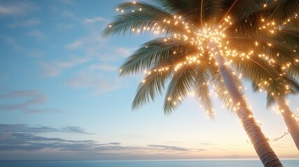 Tropical Evening Glow, Palm Trees with Golden Lights at Sunset