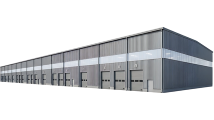 Expansive and Modern Industrial Warehouse Building Featuring Multiple Loading Docks, Designed for Efficient Logistics and Storage Operations, Isolated on a Clean White Background