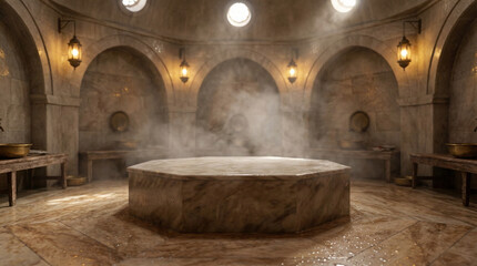 unanimity. Traditional Turkish bath interior with marble floor and central heated stone emitting steam. real-estate listings.