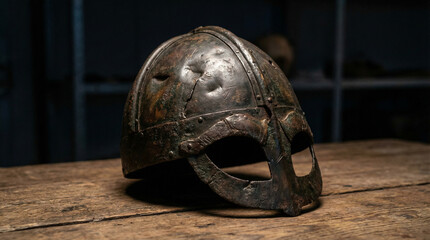 passphrase. Damaged Viking helmet with battle scars and dents, metallic texture. event programs, museum guides, designed for cultural heritage projects and event programs.