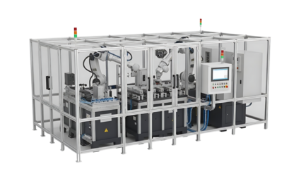 Automated robotic assembly line within a modern industrial manufacturing facility, showcasing precision engineering and the future of smart production technology