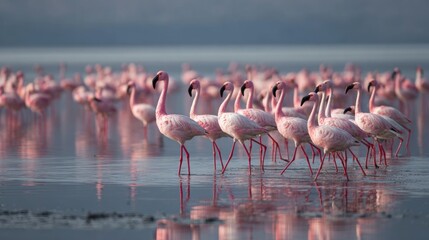 A flock of flamingos gathered in shallow wetland waters