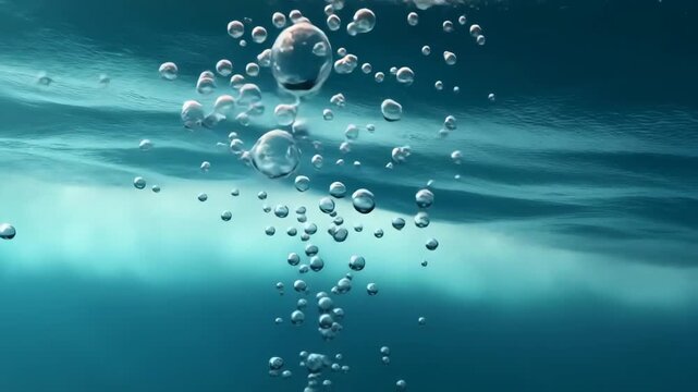 Realistic underwater view from the seabed looking up. Floating bubbles and gentle water surface movement with natural light.