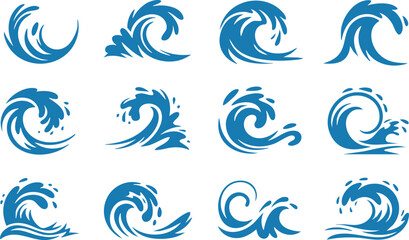 Naklejka premium Splashes and waves of water. Swirls, curves and flow, blue water waves. Dynamic fluid, ripple effect. Ocean, sea, river and lake. Flat vector isolated illustration set