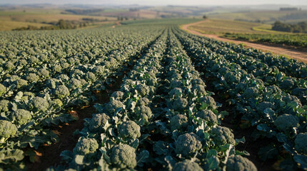 calabrese. Agricultural field of mature Calabrese broccoli with dense green florets under sunlight. public awareness campaigns.