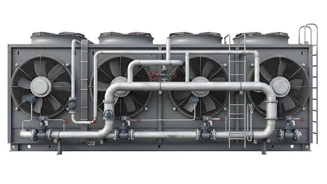 Industrial cooling system with multiple fans and extensive piping, crucial for efficient temperature control in commercial and manufacturing facilities