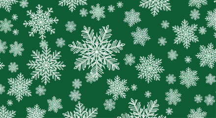 A festive seamless winter pattern featuring detailed white snowflakes of various sizes on a solid dark green background.