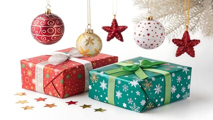 Holiday Celebration Scene Featuring Christmas Presents and Decorative Ornaments on a Pure White Background and transparent background