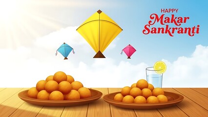 Colorful kites flying over plates of oranges and a glass of water with lemon slice